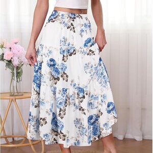 Women's Boho Midi Skirt A-Line Ruffle Elastic High Waist Tiered Flowy Skirts